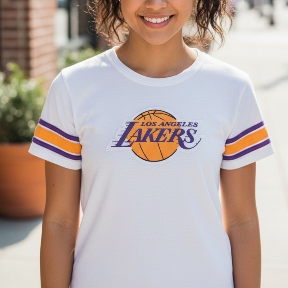 Banner‎ 47 Los Angeles Lakers Womens Ringer T-Shirt White Purple Gold NBA Logo